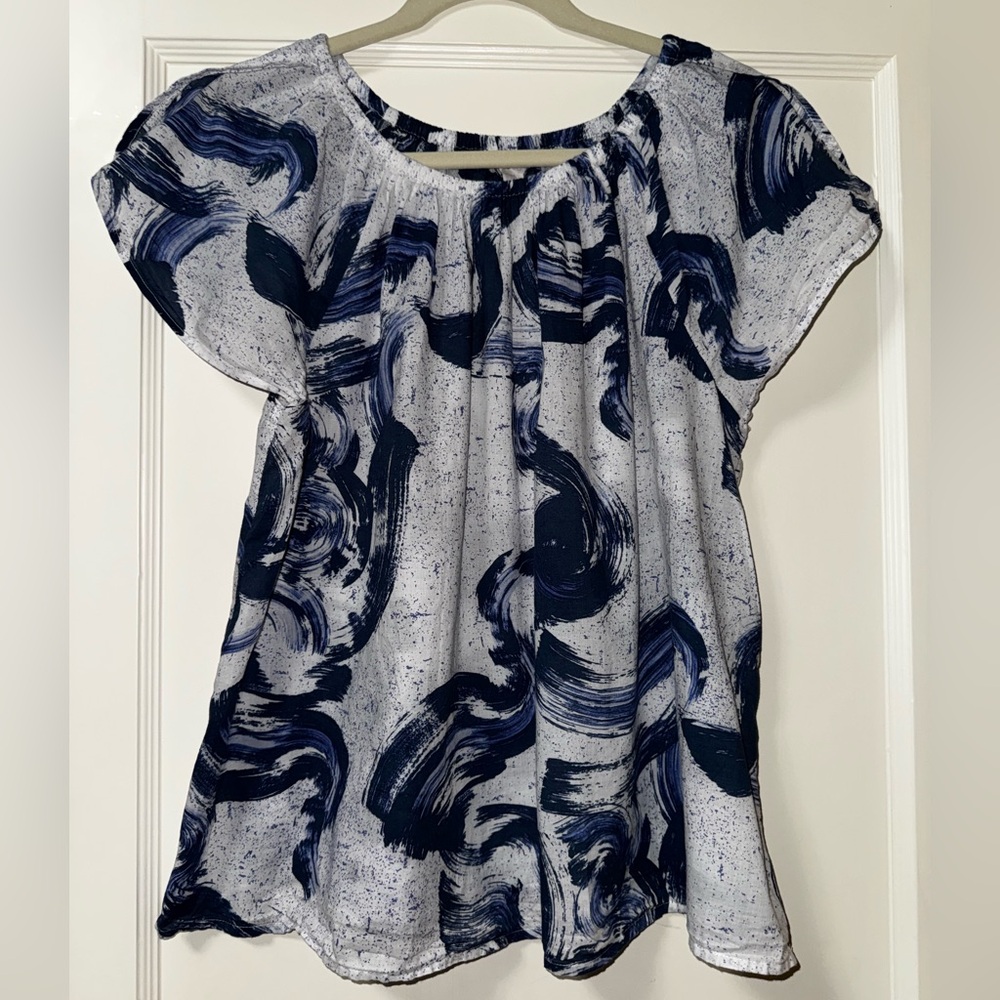 Caslon Navy & White Abstract Petal Sleeve Top